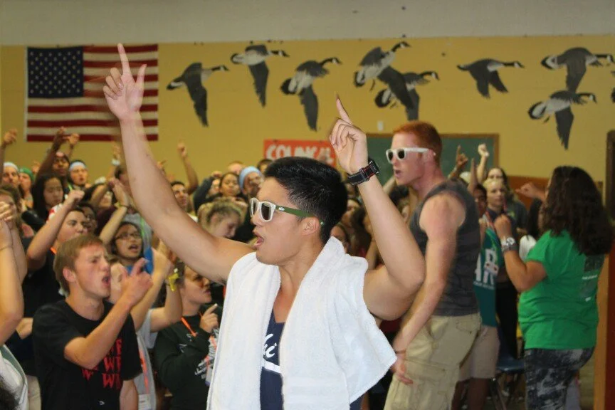 Group of teenagers and young adults dancing and having fun at a party or event, with an American flag and bird silhouette decorations in the background.