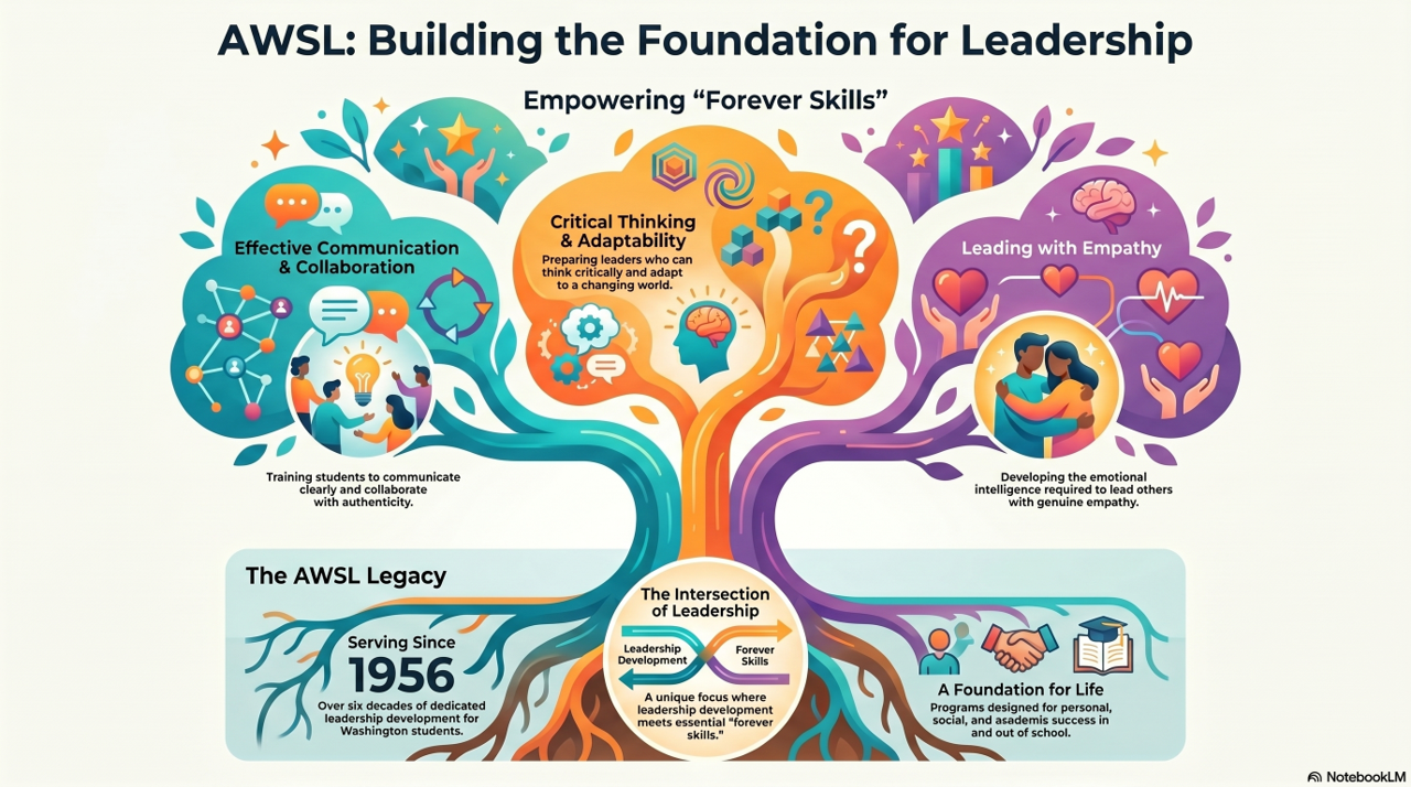 An infographic titled 'AWSL: Building the Foundation for Leadership' featuring a tree illustration with three main branches representing key leadership skills: effective communication and collaboration, critical thinking and adaptability, and leading