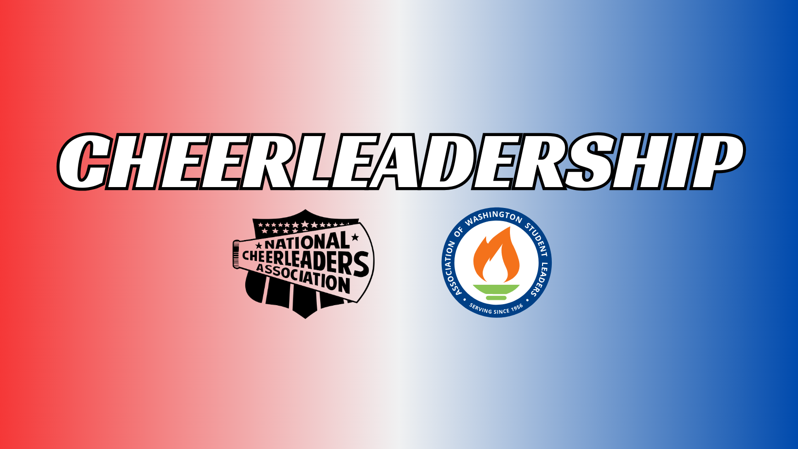 A graphic with a background gradient from red to white to blue, featuring the bold text "CHEERLEADERSHIP" and logos of the National Cheerleaders Association and the Association of Washington Student Leaders.