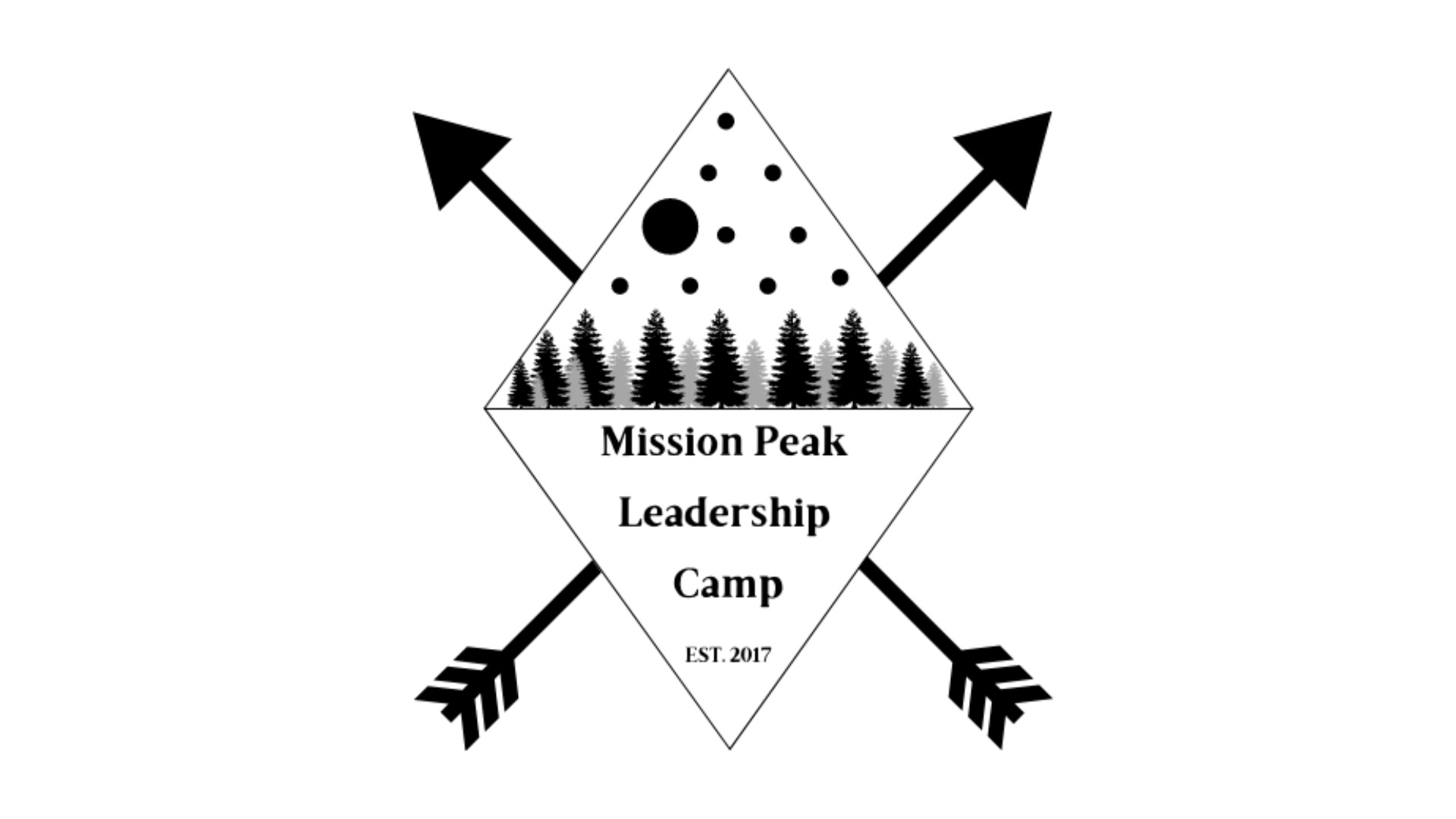 A logo for Mission Peak Leadership Camp featuring two crossed arrows, a diamond shape with pine trees and stars inside, the camp name, and 'EST. 2017'.