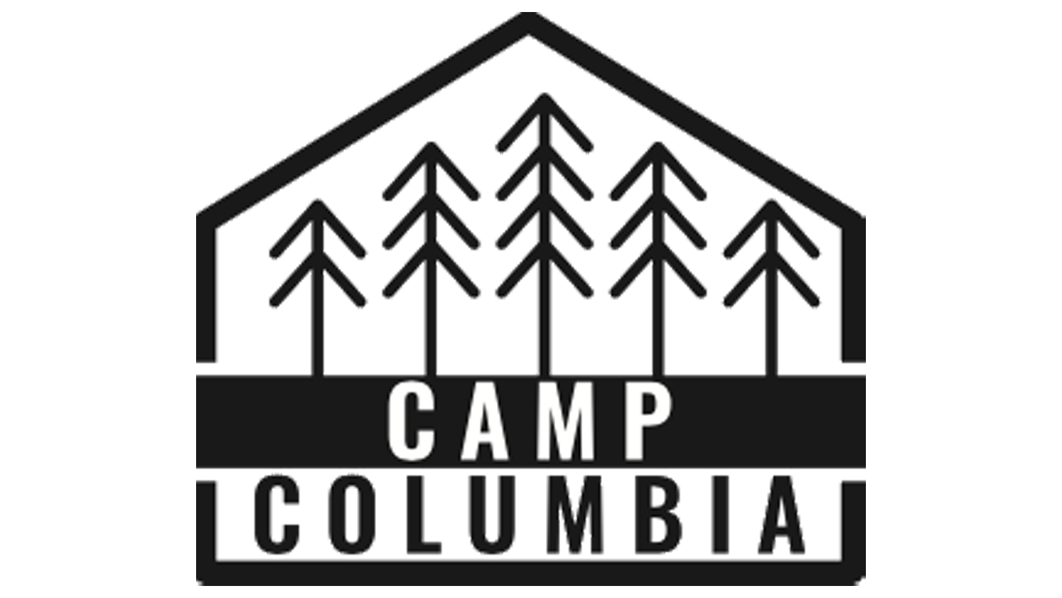 A black and white logo for Camp Columbia featuring a stylized mountain range with trees.