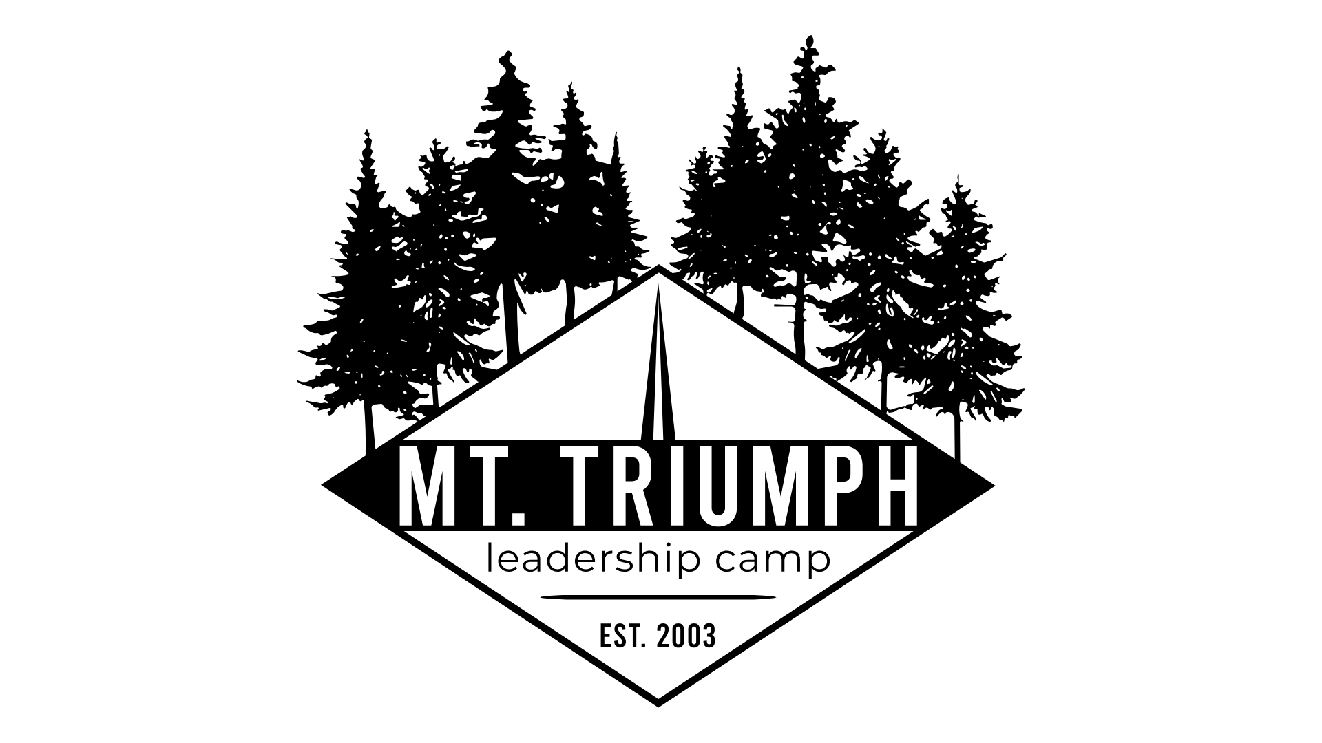 Black and white logo featuring a mountain with tall pine trees behind it. Text on the logo reads 'Mt. Triumph leadership camp EST. 2023'.