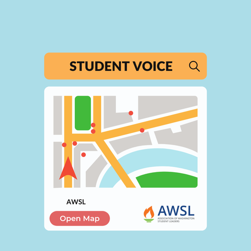 Map interface with search bar labeled 'STUDENT VOICE', showing streets, a river, and nearby landmarks, with a red arrow pointer.