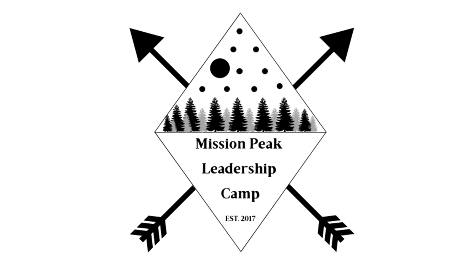 A logo for Mission Peak Leadership Camp featuring two crossed arrows, a diamond shape with pine trees and stars inside, the camp name, and 'EST. 2017'.