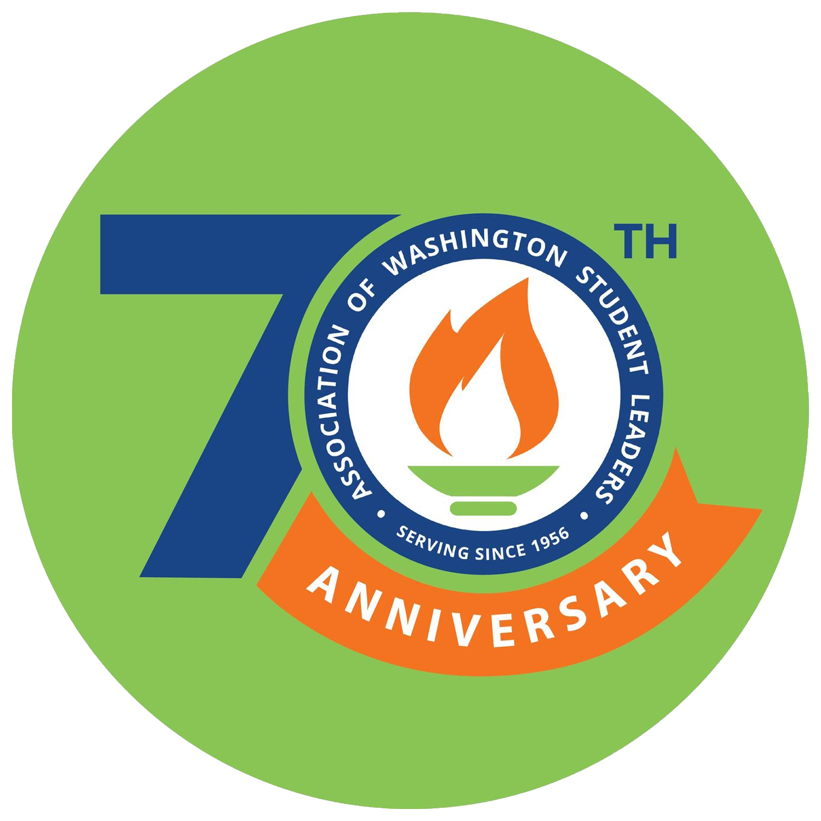 Green circular badge with a blue number seven and a circular logo inside. The logo has a flame icon in the center, surrounded by blue text that reads 'ASSOCIATION OF WASHINGTON STUDENT LEADERS'. Below the logo, an orange banner with white text says '75TH ANNIVERSARY', and underneath that, black text reads 'SERVING SINCE 1956'.