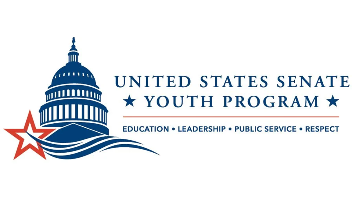 Logo of the United States Senate Youth Program with an illustration of the Capitol building, red and white star, blue waves, and text emphasizing education, leadership, public service, and respect.