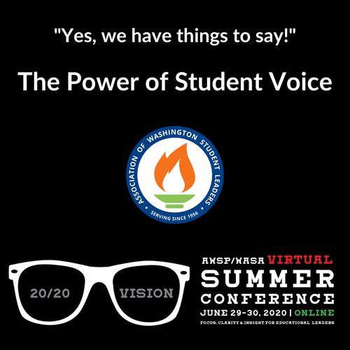 Conference promotional image with quote, logo, and glasses graphic for the Summer Conference titled 'The Power of Student Voice' hosted virtually June 29-30, 2020.