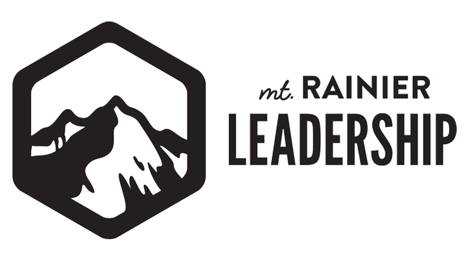 Black and white logo of Mount Rainier Leadership, featuring a mountain peak within a hexagon and the text 'mt. RAINIER LEADERSHIP' to the right.