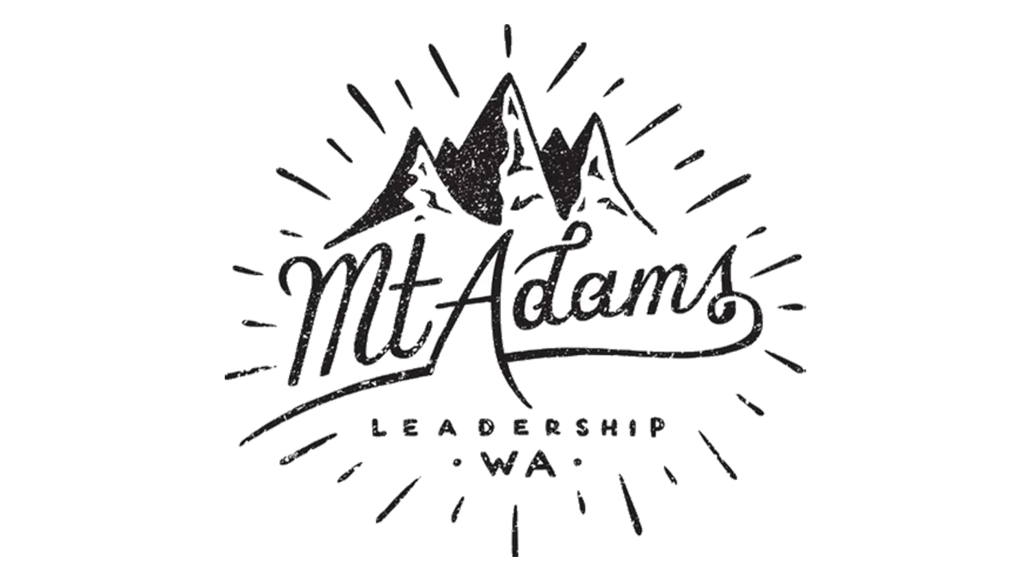 Illustration of mountain peaks with the text "Mt. Adams" and below it, smaller text reading "ZIA DEERHSH B W A" surrounded by radiating lines.