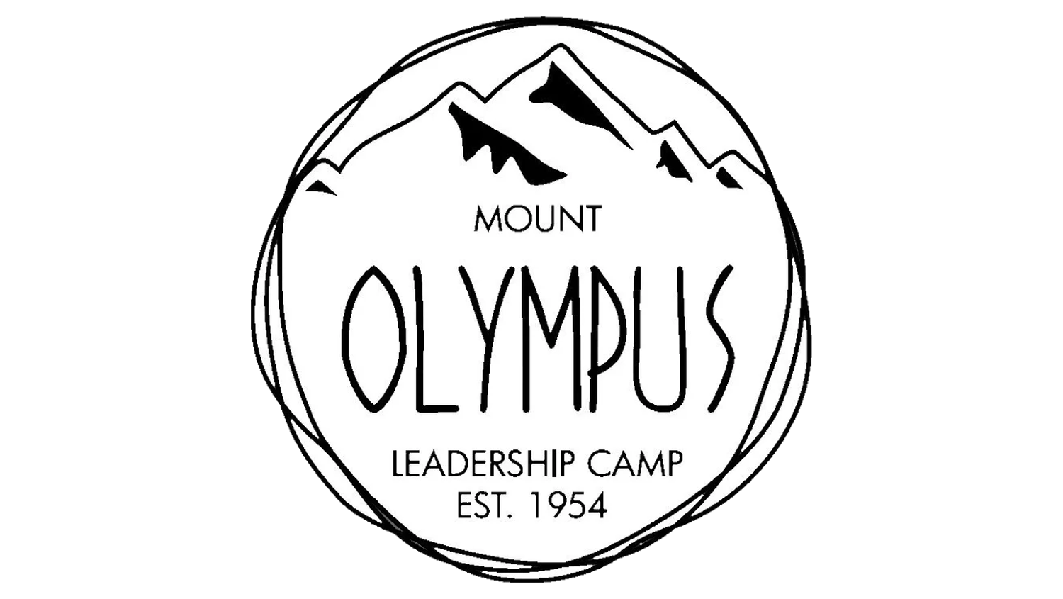 Black and white logo for Mount Olympus Leadership Camp, established in 1954, featuring mountains.
