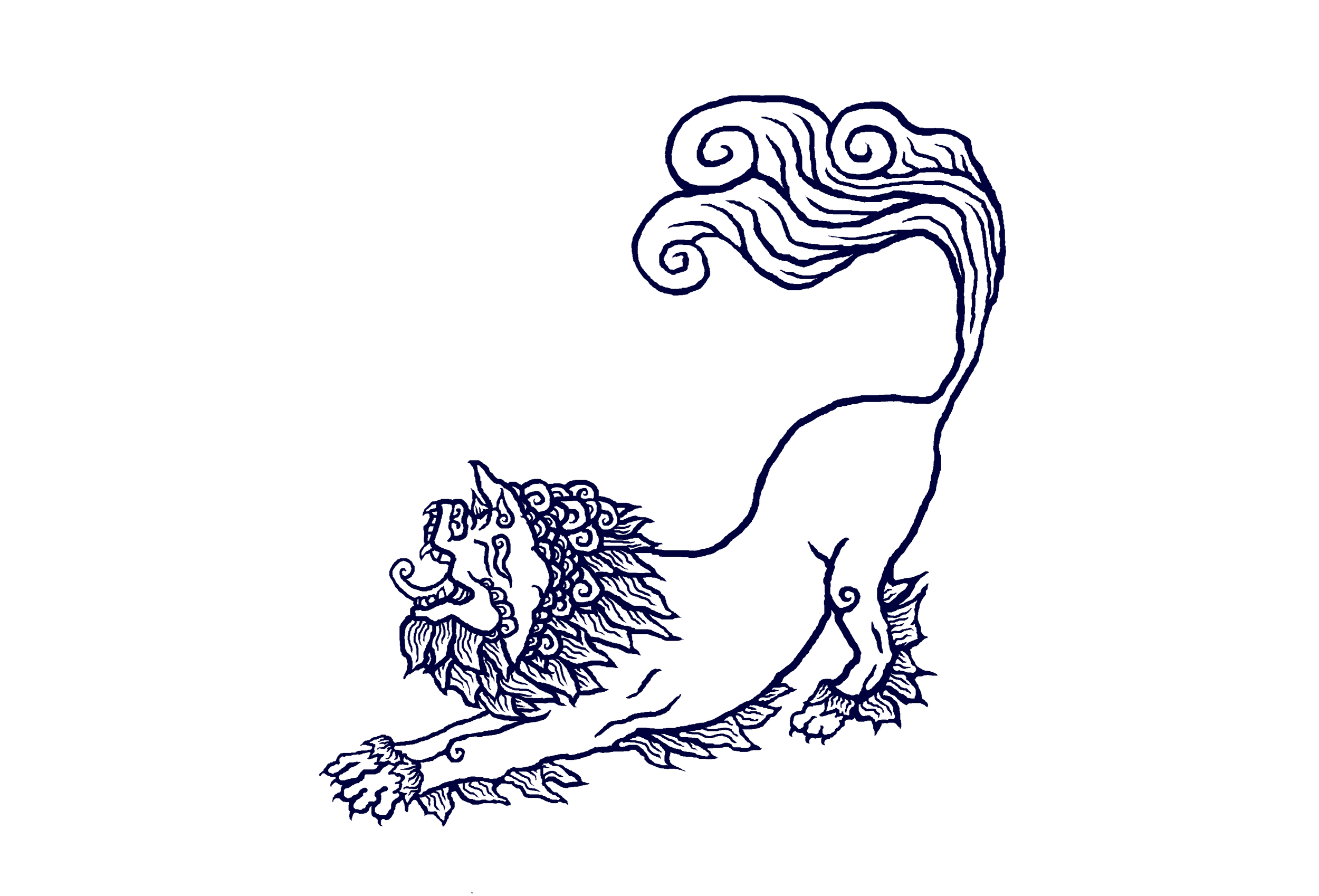 A line work drawing of a Tibetan snow lion. It is stretching in a position similar to downward dog and has an open mouth with tongue and teeth exposed