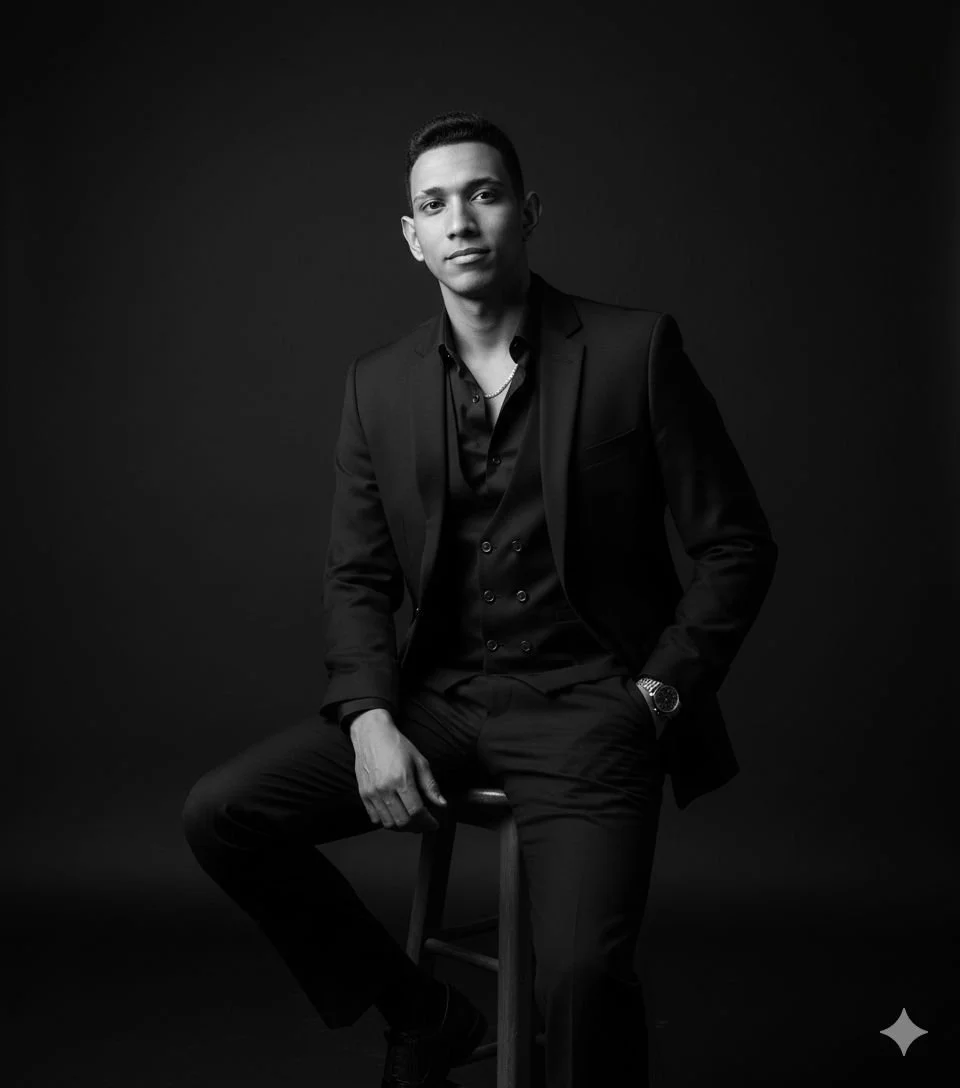 Retrato en blanco y negro de un hombre joven con cabello oscuro, vestido con un saco y camisa negra, sentado en un taburete contra un fondo oscuro y serio.