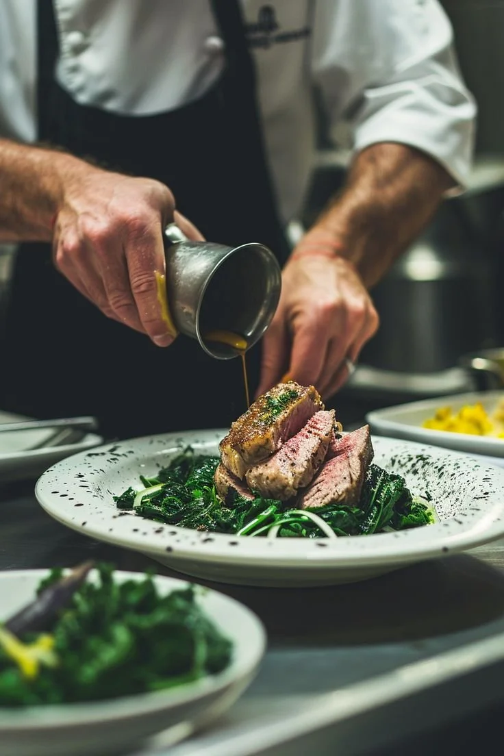 Un chef vierte salsa sobre un corte de carne en un plato con verduras verdes.