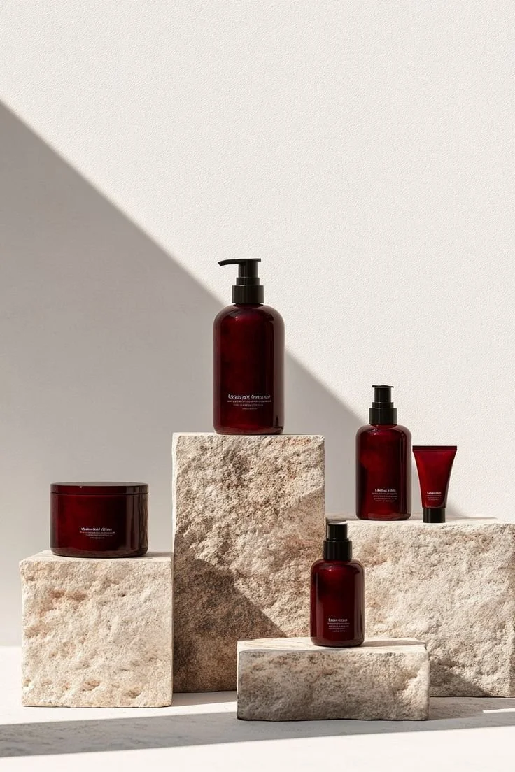 Frascos de productos de cuidado de la piel en envases rojos sobre bloques de piedra, con sombra diagonal en el fondo.