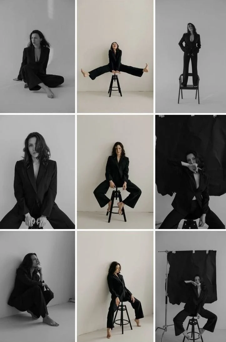 Mujer en diferentes poses y estilos, vestida con ropa oscura, en un estudio fotográfico blanco y oscuro, usando una silla y un escenario de fondo.