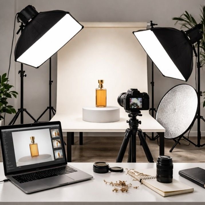 Estudio de fotografía con iluminación profesional, cámara, laptop, y fondo con una botella de perfume en una sesión de fotos.