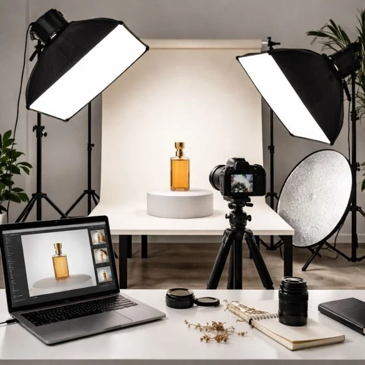 Estudio de fotografía con iluminación profesional y fondo neutro, enfocando en una botella de perfume dorada en una plataforma blanca.