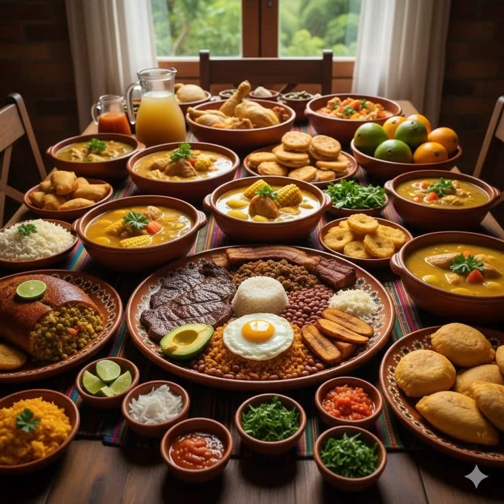 Una mesa con variedad de platos tradicionales mexicanos, incluyendo huevos estrellados con frijoles, arroz, guacamole, tortillas, fruta y diferentes guarniciones.