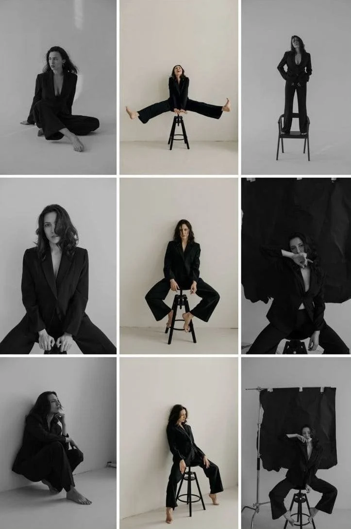 Varias fotos en blanco y negro de una mujer en diferentes poses artísticas y vestida con ropa formal, algunas con accesorios de estudio fotográfico.