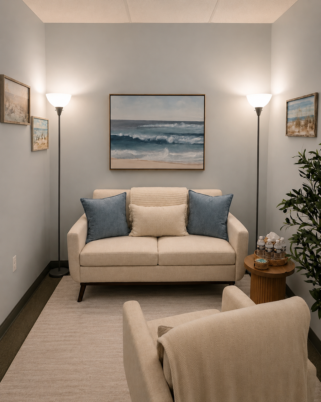 A  therapy office with a beige sofa, blue pillows, and a beige cushion. There are two floor lamps on either side of the sofa, paintings of ocean scenes on the walls, an armchair in the foreground, and a side table with bottled drinks and tissues.