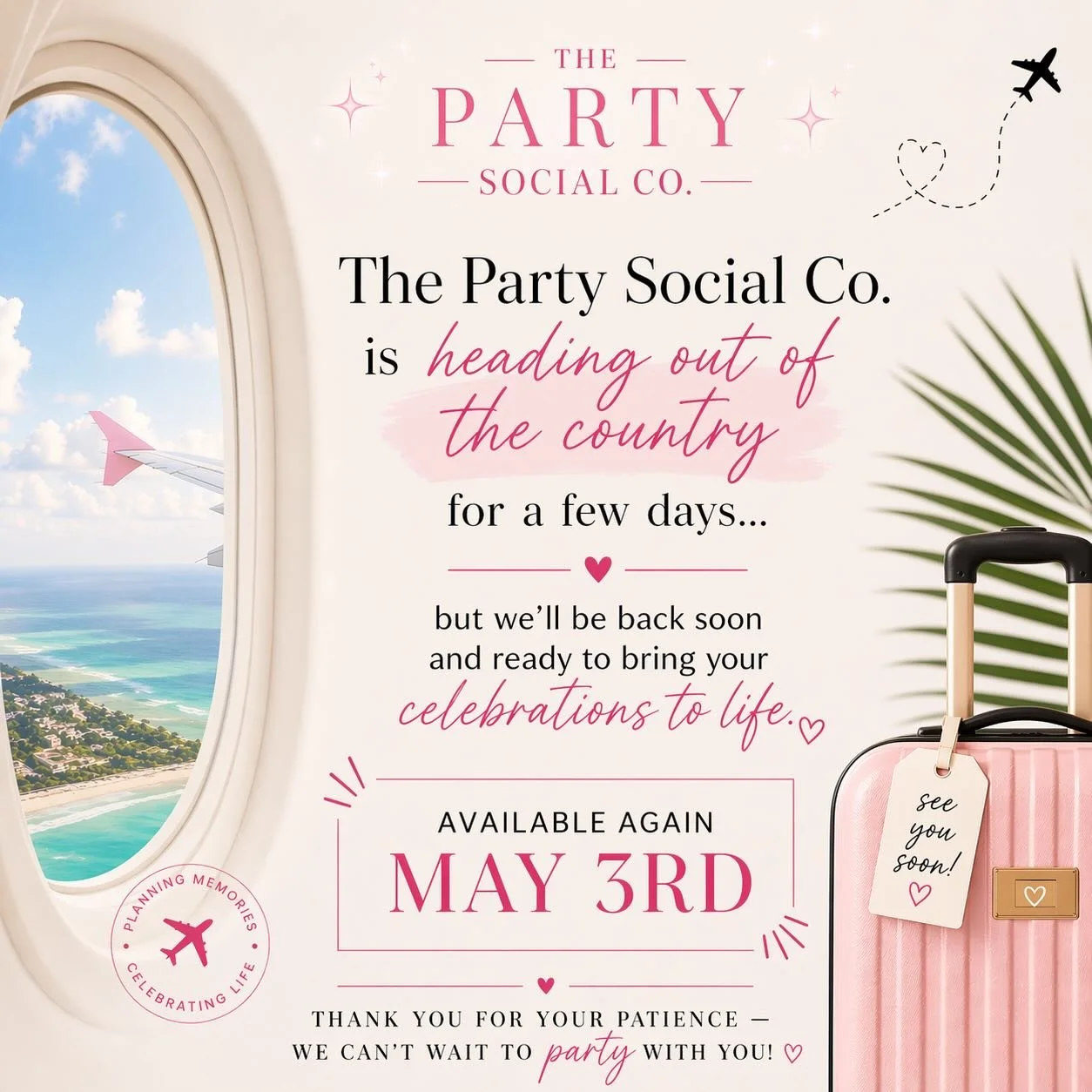 Hi party people! We will be away this week, but will answer any questions or inquiries once we&rsquo;re stateside again 🫶🏼✨ See you soon! 

#ciao #vacation #outofoffice #partyplanning #eventplanner