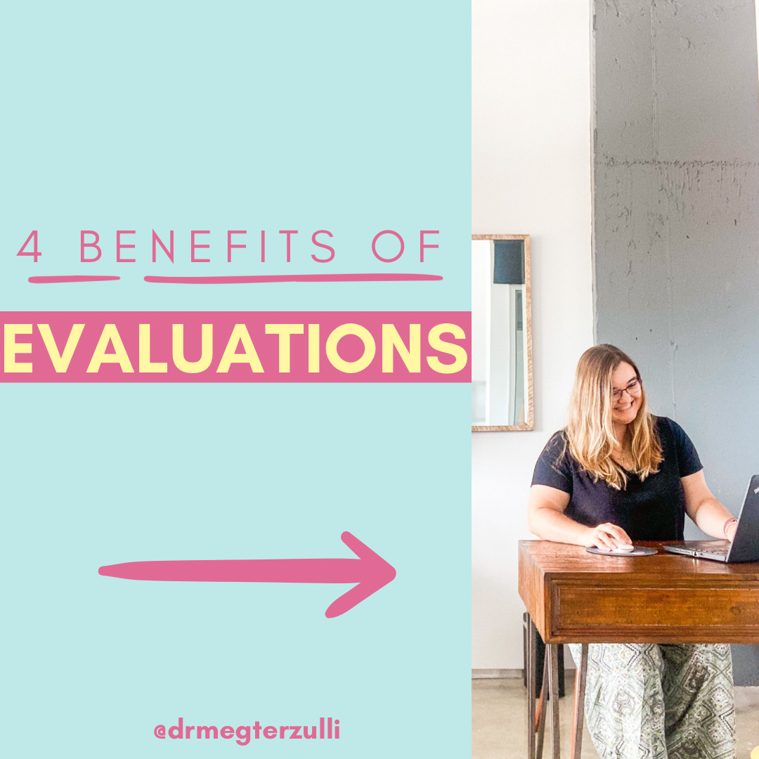 Text overlay on a split background reading '4 Benefits of Evaluations' with a pink arrow pointing right and a woman sitting at a wooden table with a laptop, smiling, in a modern interior.