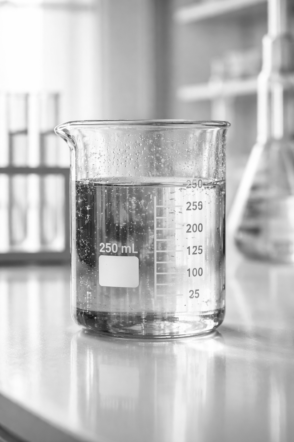 A clear glass beaker filled with a transparent liquid placed on a laboratory table, with a background of laboratory equipment and shelves.