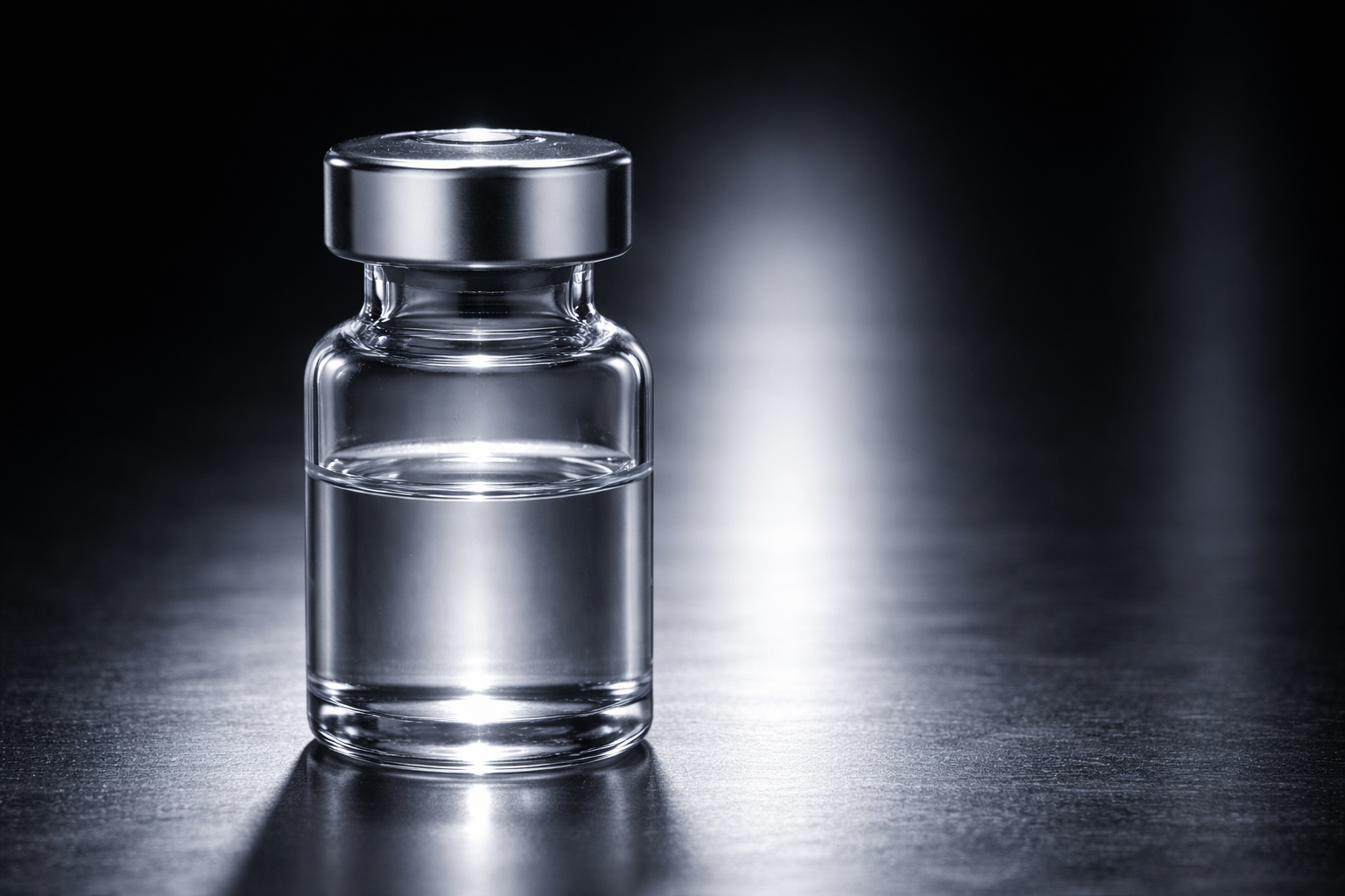 Empty glass vial with a silver cap on a reflective black surface with soft backlighting.