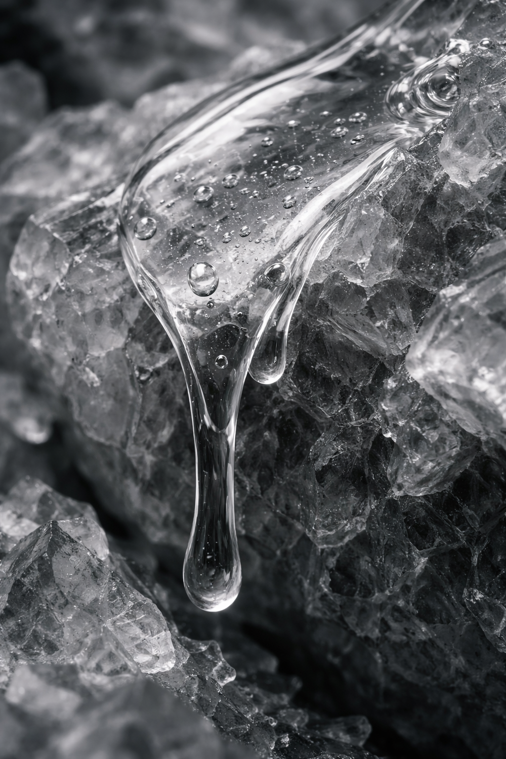 Close-up of melting ice with water dripping down and small bubbles trapped inside.