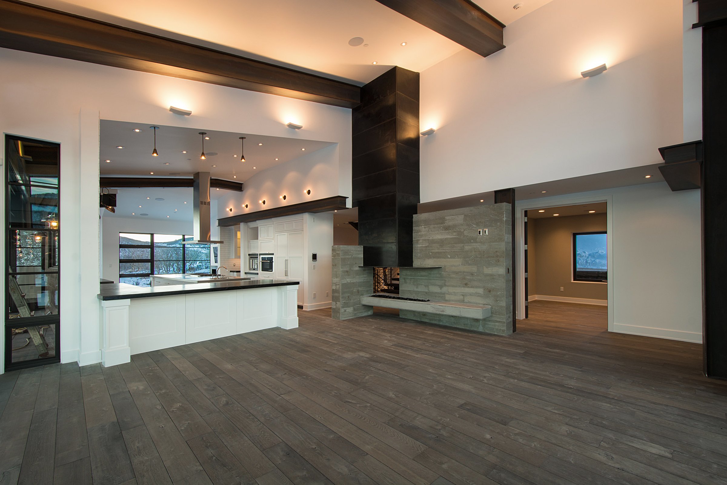 Custom steel fireplace  off kitchen