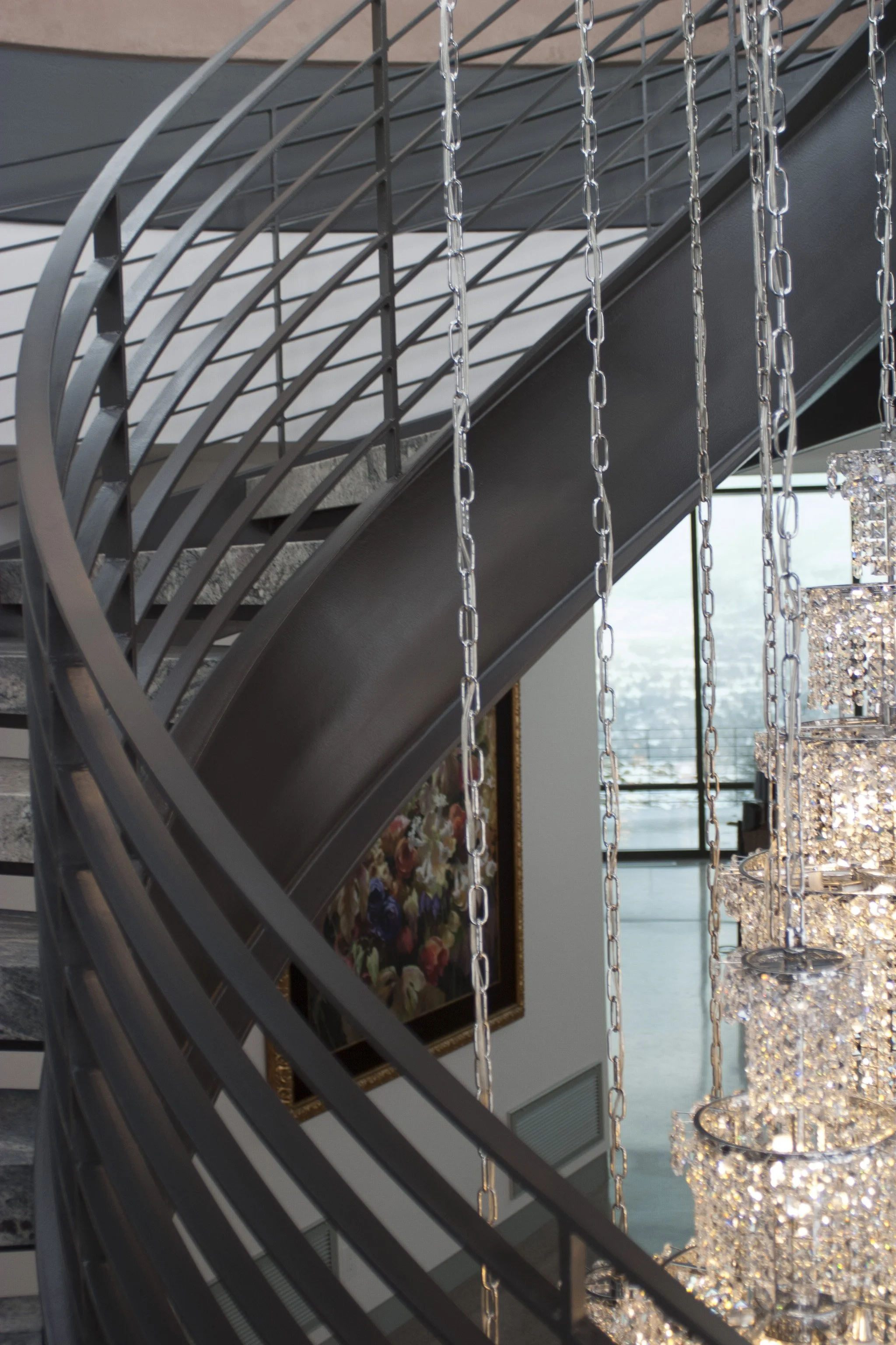 Multi level stair and railings in custom hillside residence ...