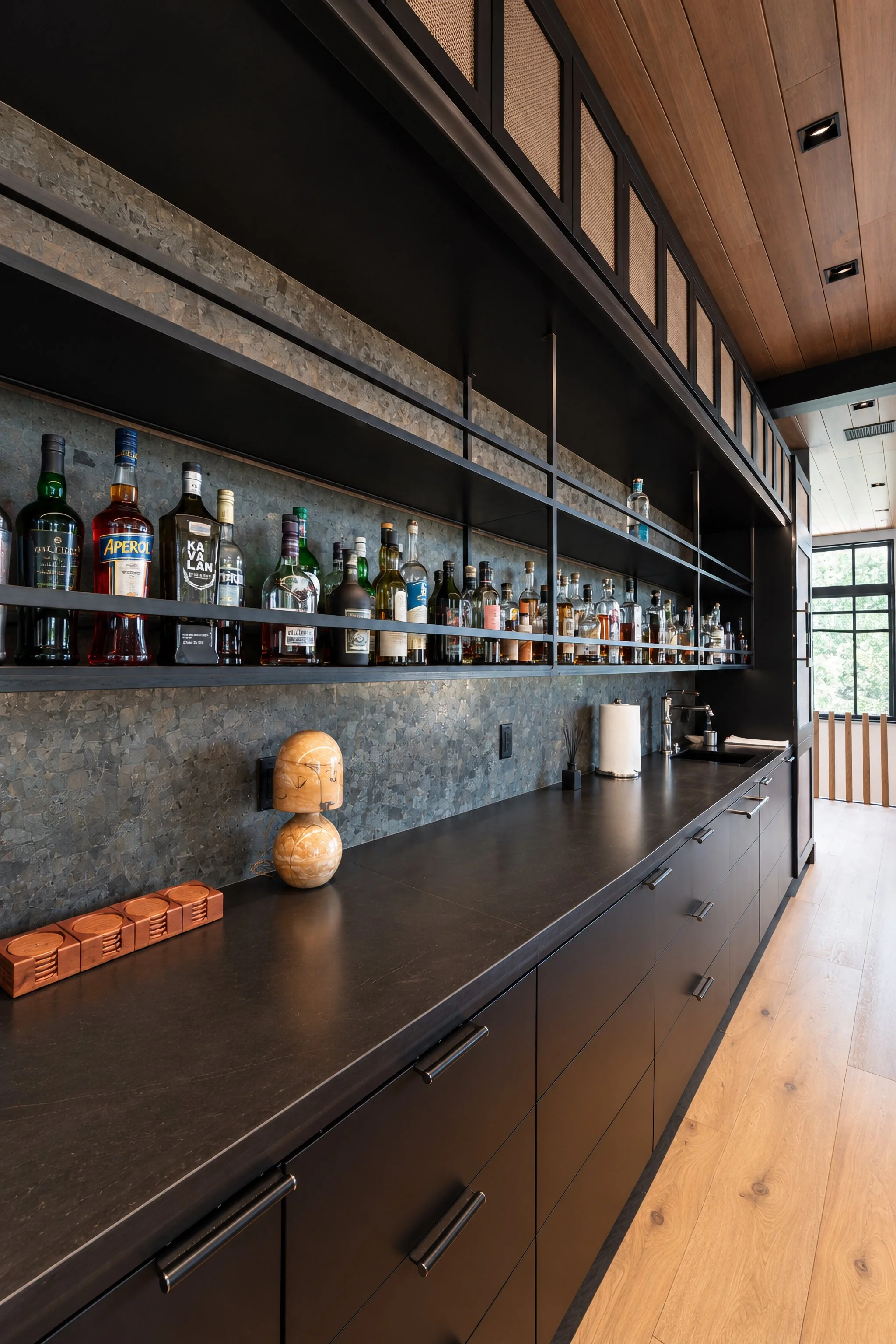 Custom steel bar shelves alternate view