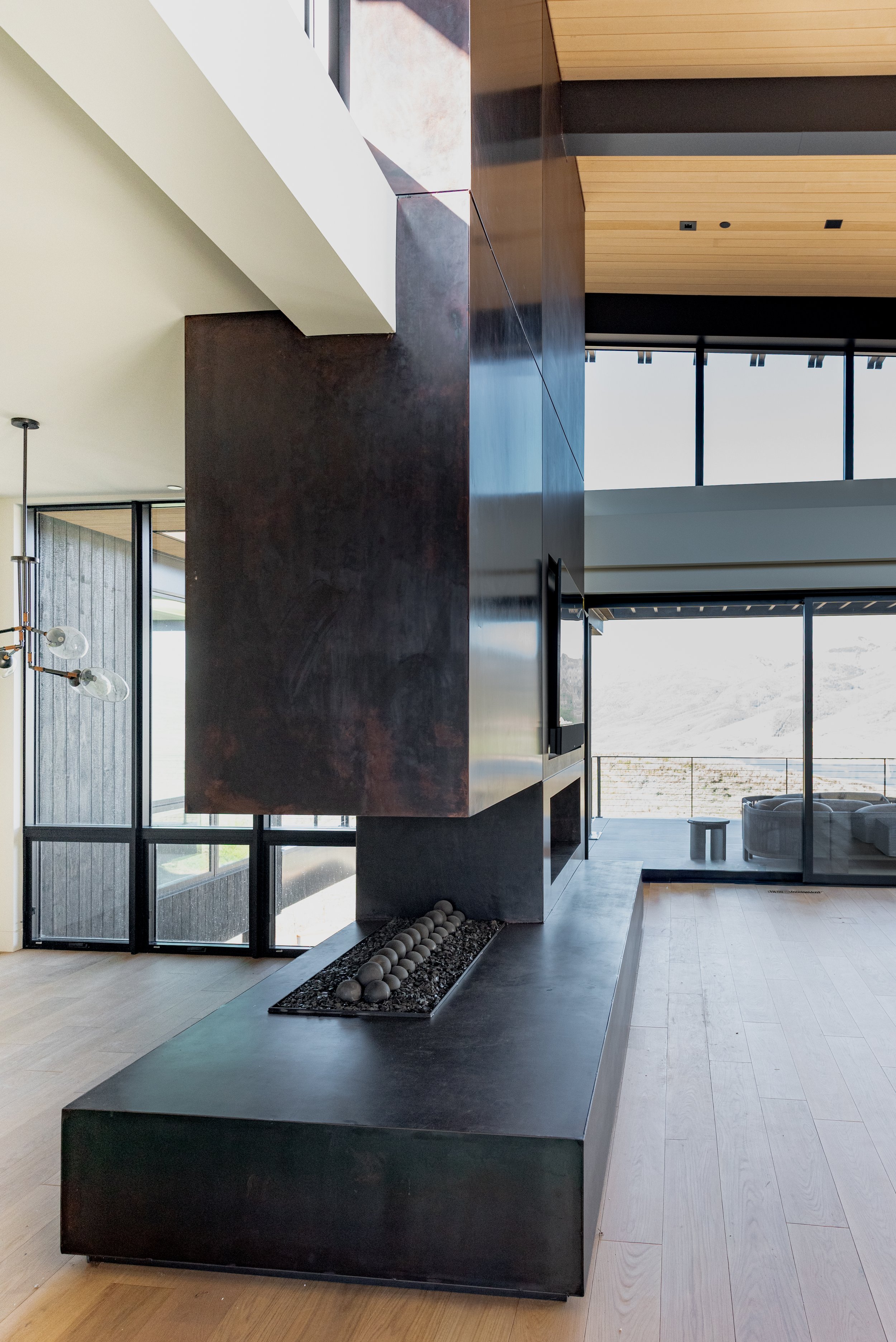 Custom Steel clad fireplace side view