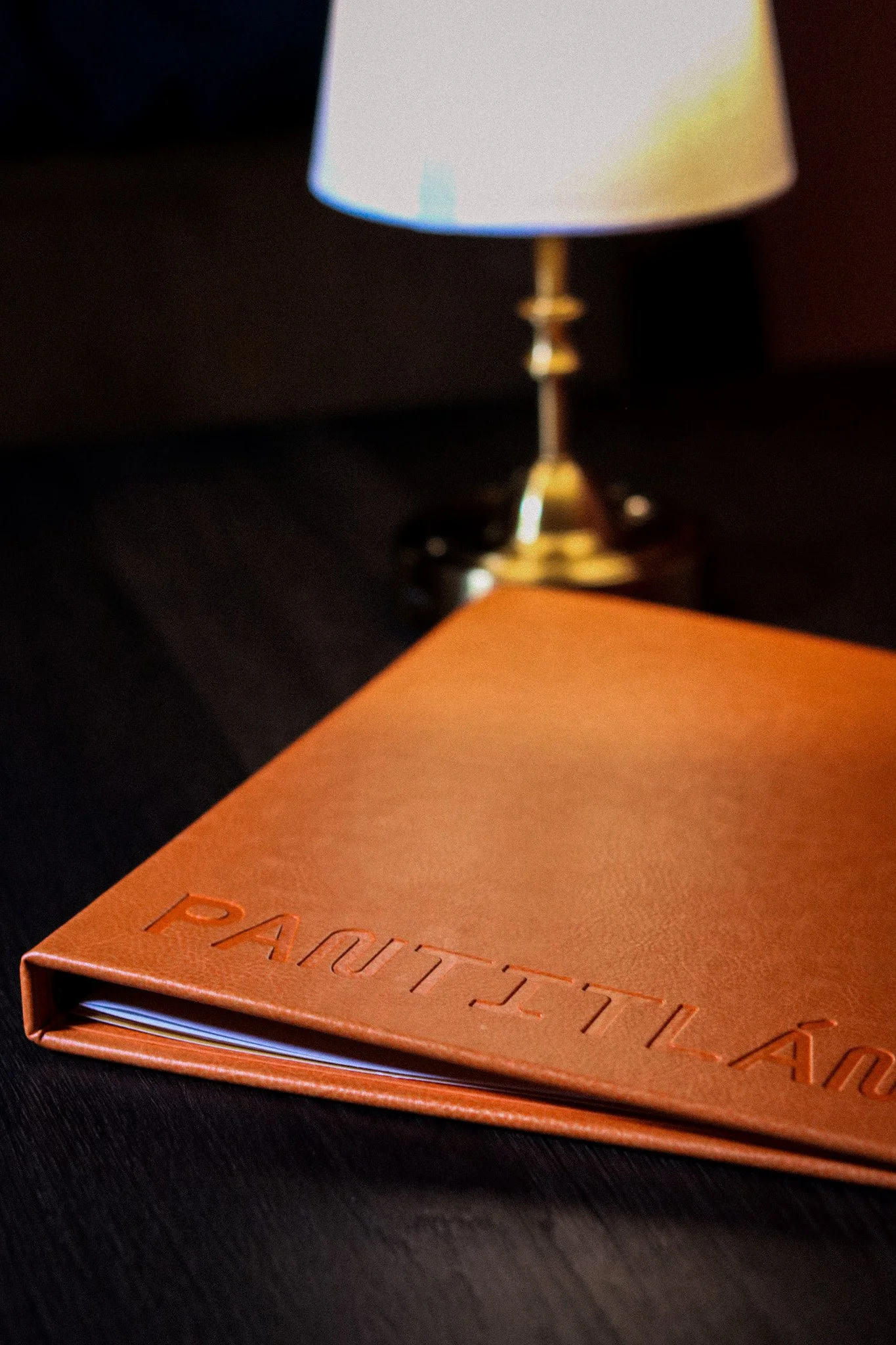 A leather-bound book titled 'PANTTILAN' resting on a black surface, with a table lamp in the background.