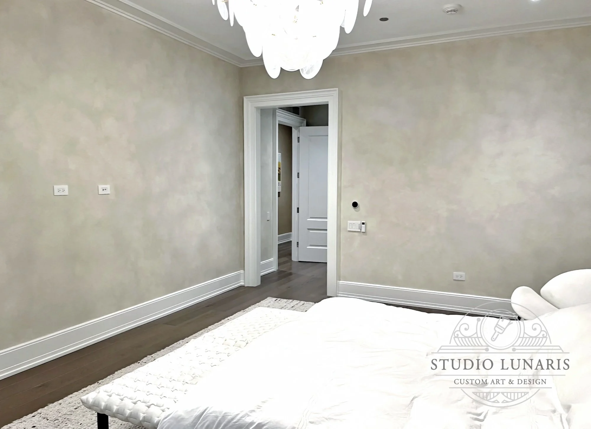 Bedroom limewash walls in warm grey tones