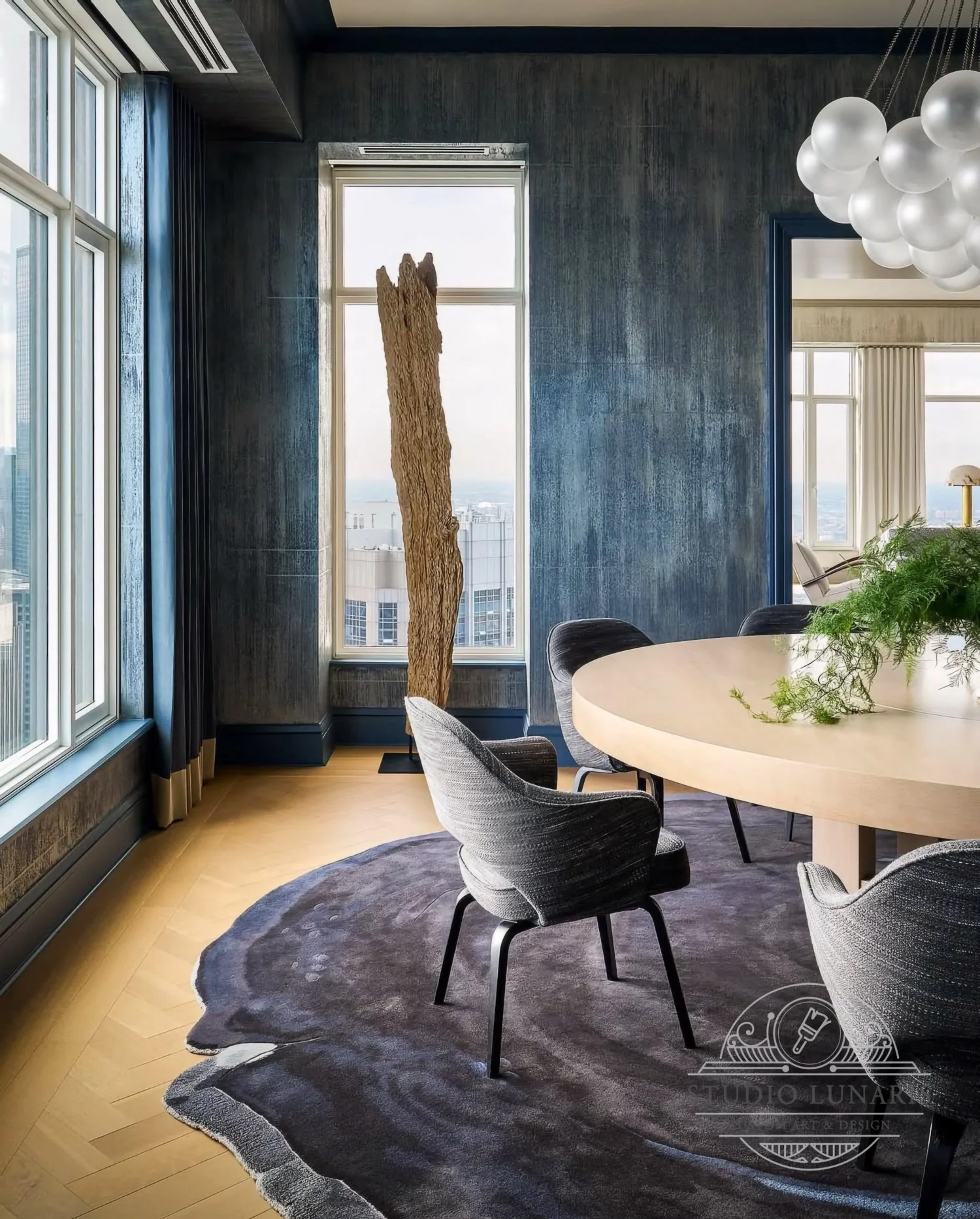 Dining room walls with striated, textured beads in distressed blue color