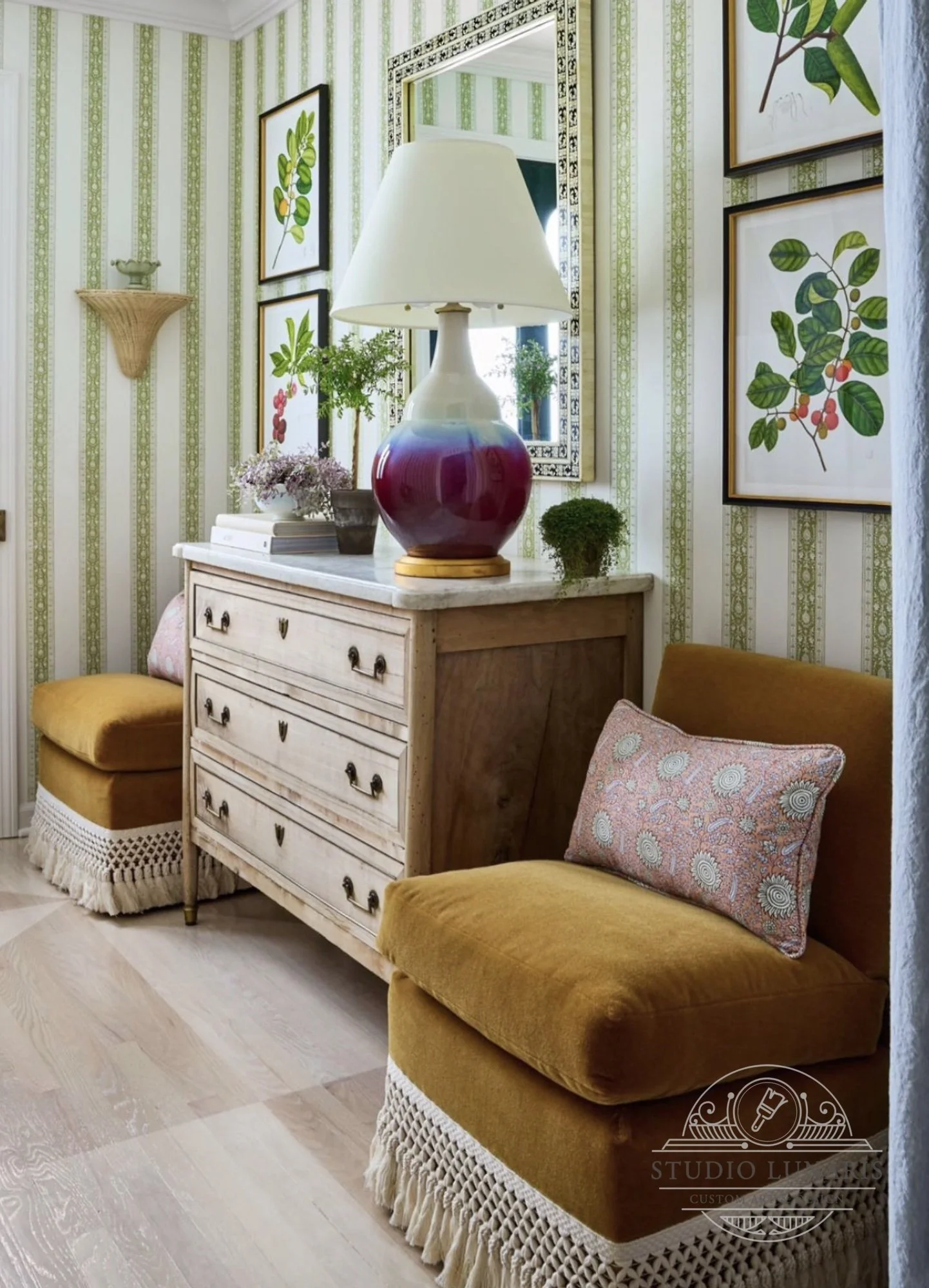 Soft, lighter diamond-shaped painted pattern on a hallway floor