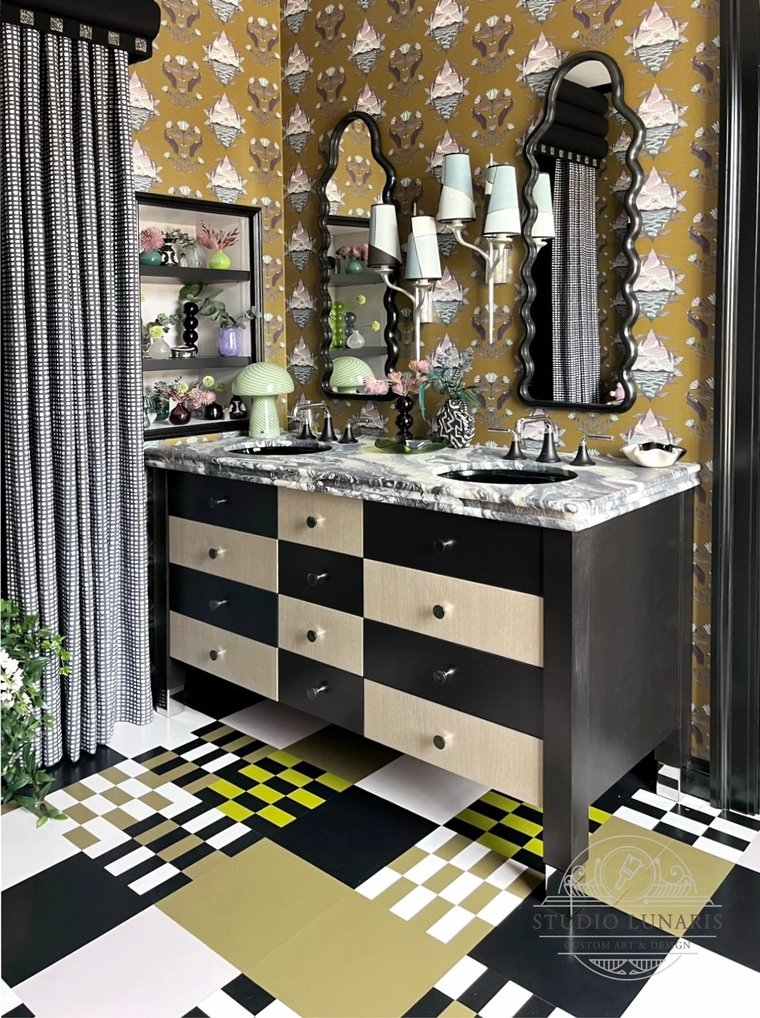 Bathroom floor design with a painted checkers pattern