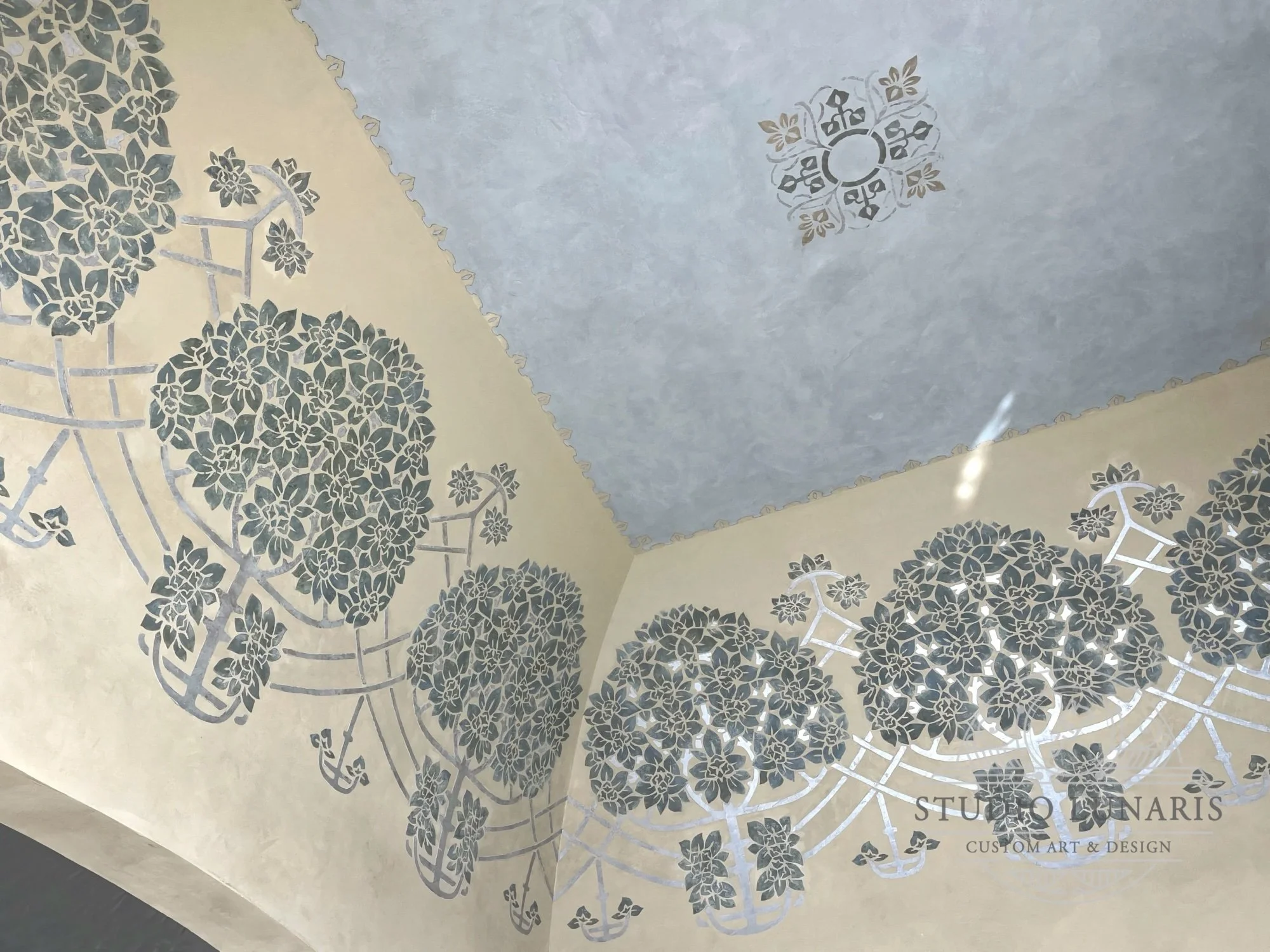 Art Nouveau inspired sitting room vaulted walls and ceiling mural design with stenciled raised plaster trees and metallic lattice pattern