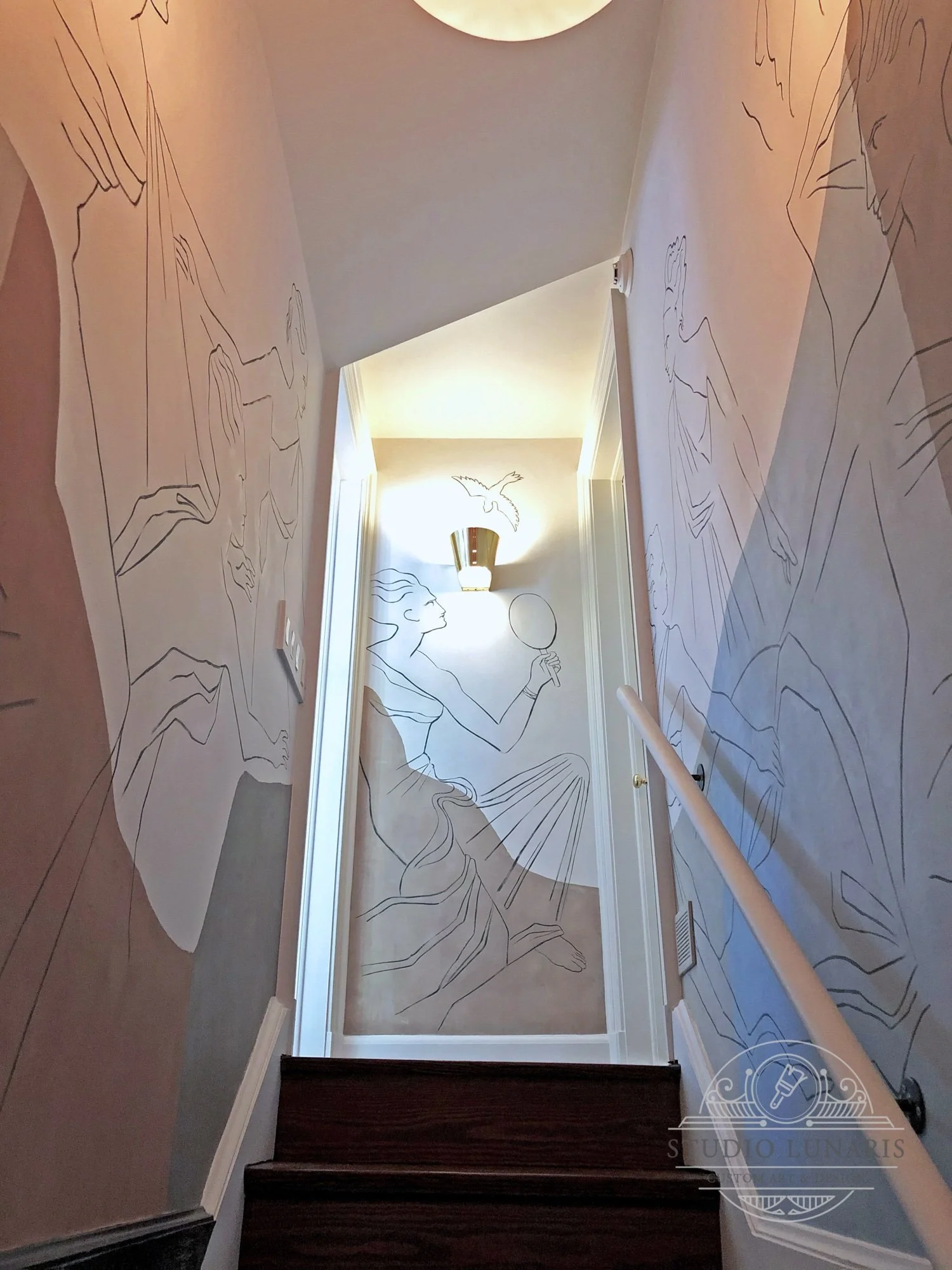 Stairwell mural with an ancient Greek inspired theme. Large feminine figures and bold, earthy color contrast