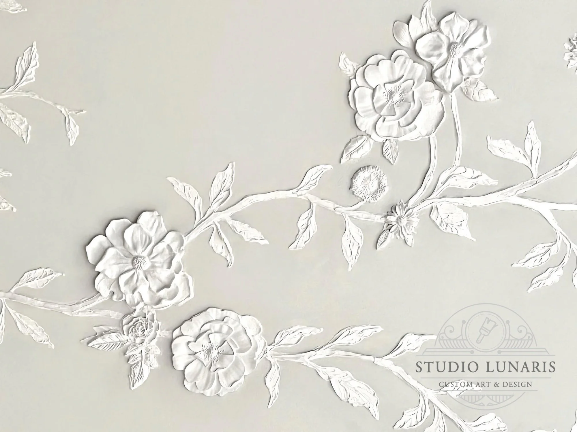 Dining room ceiling vine mural detail with decorative plaster, bas-relief branches and cast and hand-detailed floral elements