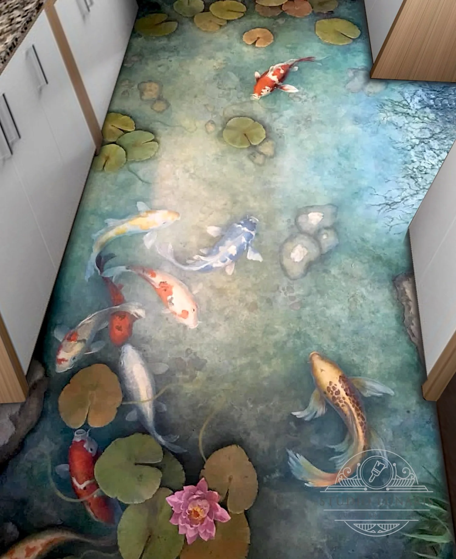Kitchen floor mural with a koi fish pond theme