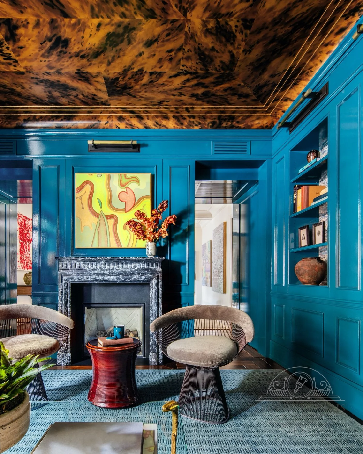 Library ceiling with faux tortoiseshell painted grid pattern