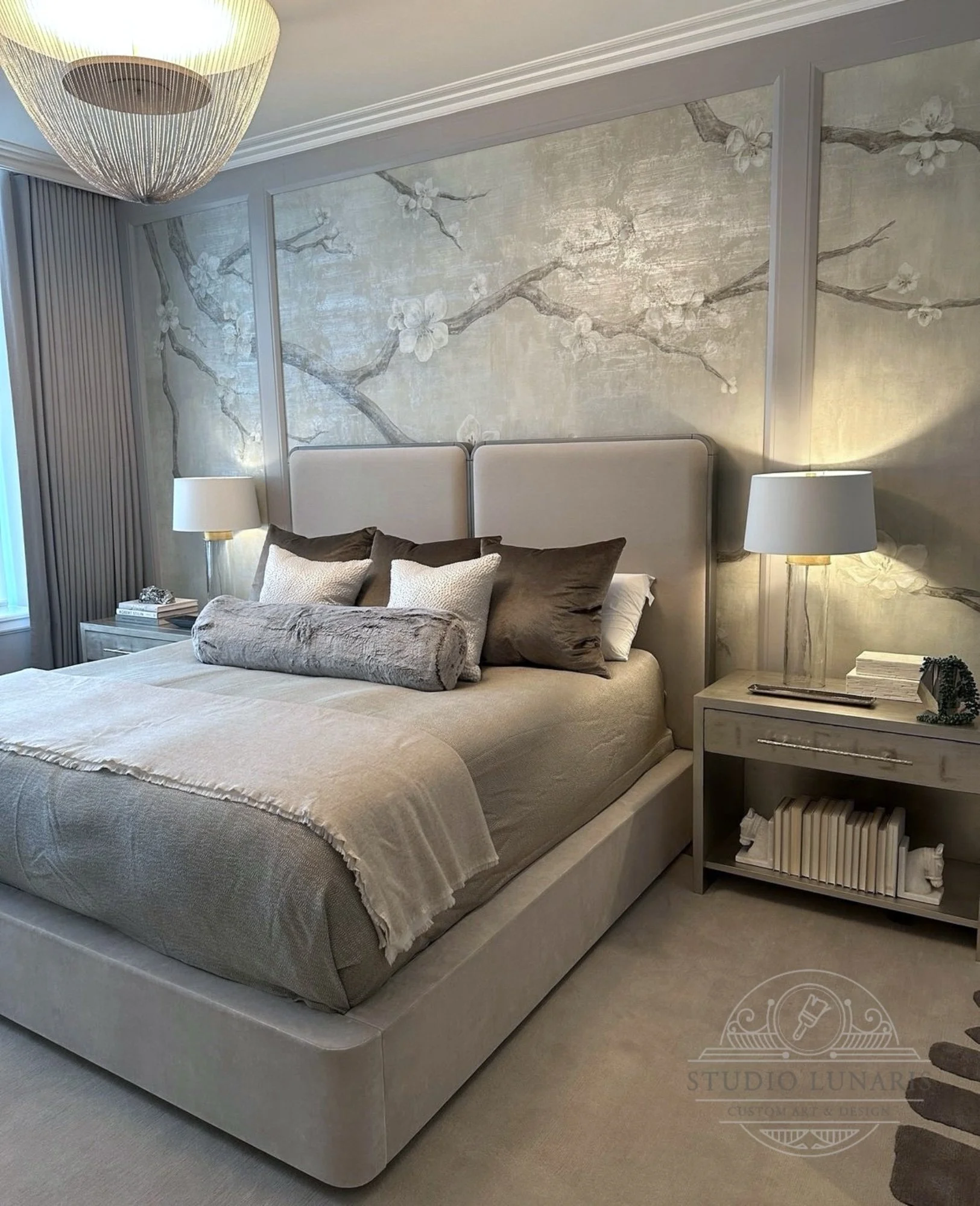 Bedroom mural with an oversized cherry blossom theme and metallic accents