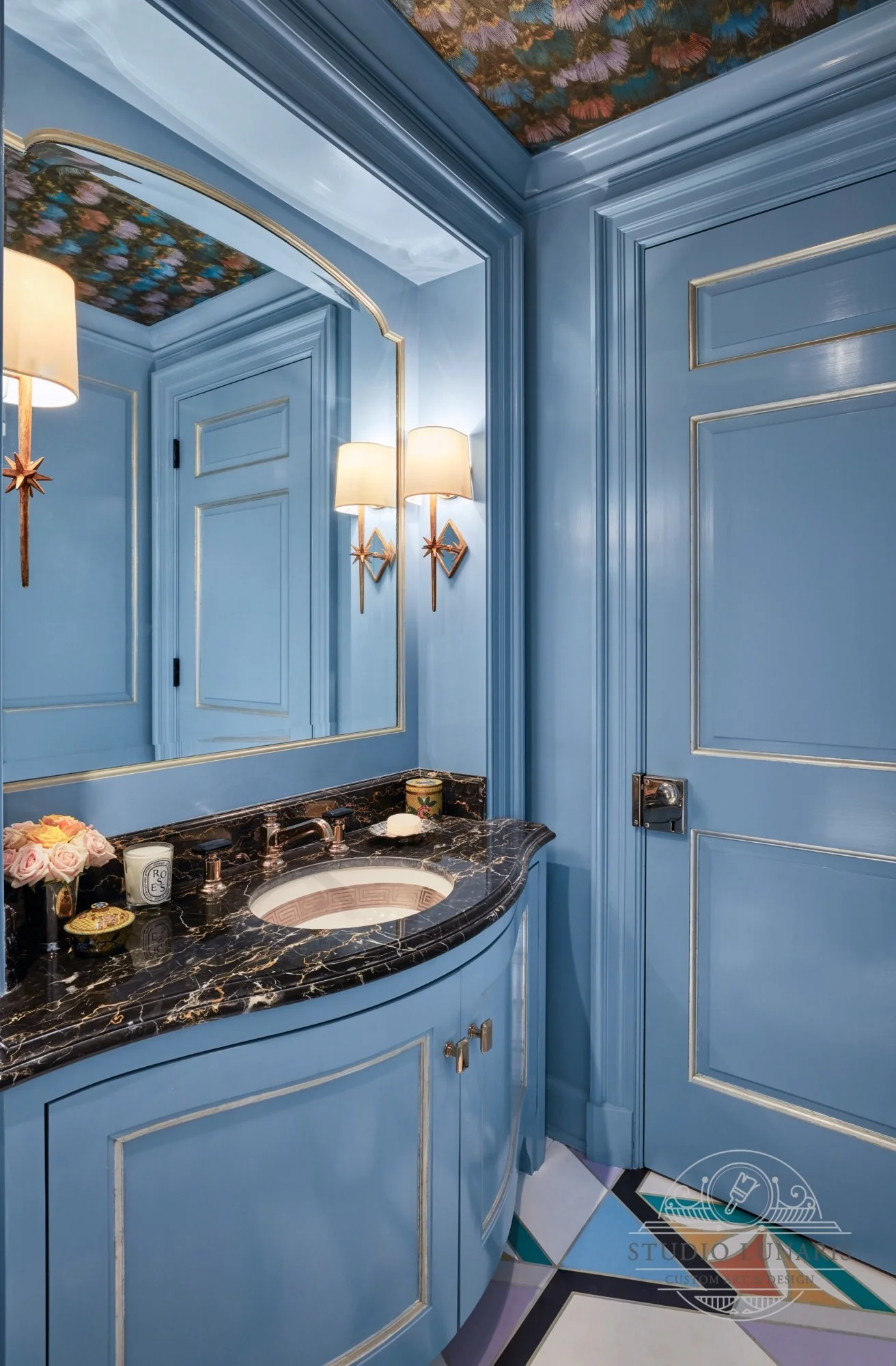 Powder room moldings with silver metallic bead accents