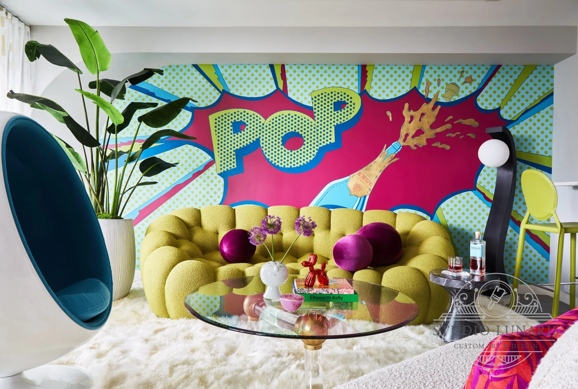 Living room mural accent wall with a 1960's Pop Art inspired theme