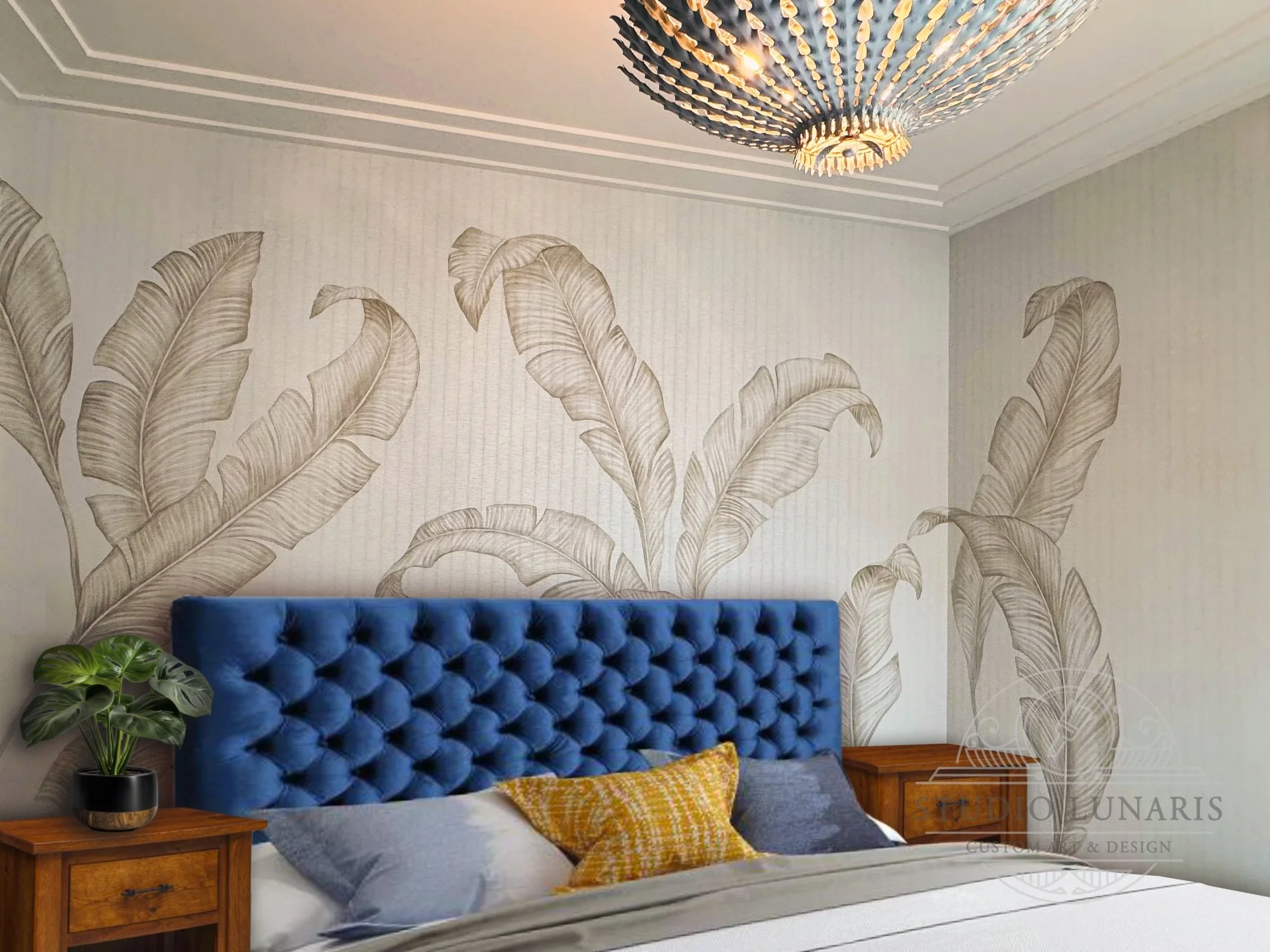 Bedroom mural with oversized banana leaves on existing wallpaper background