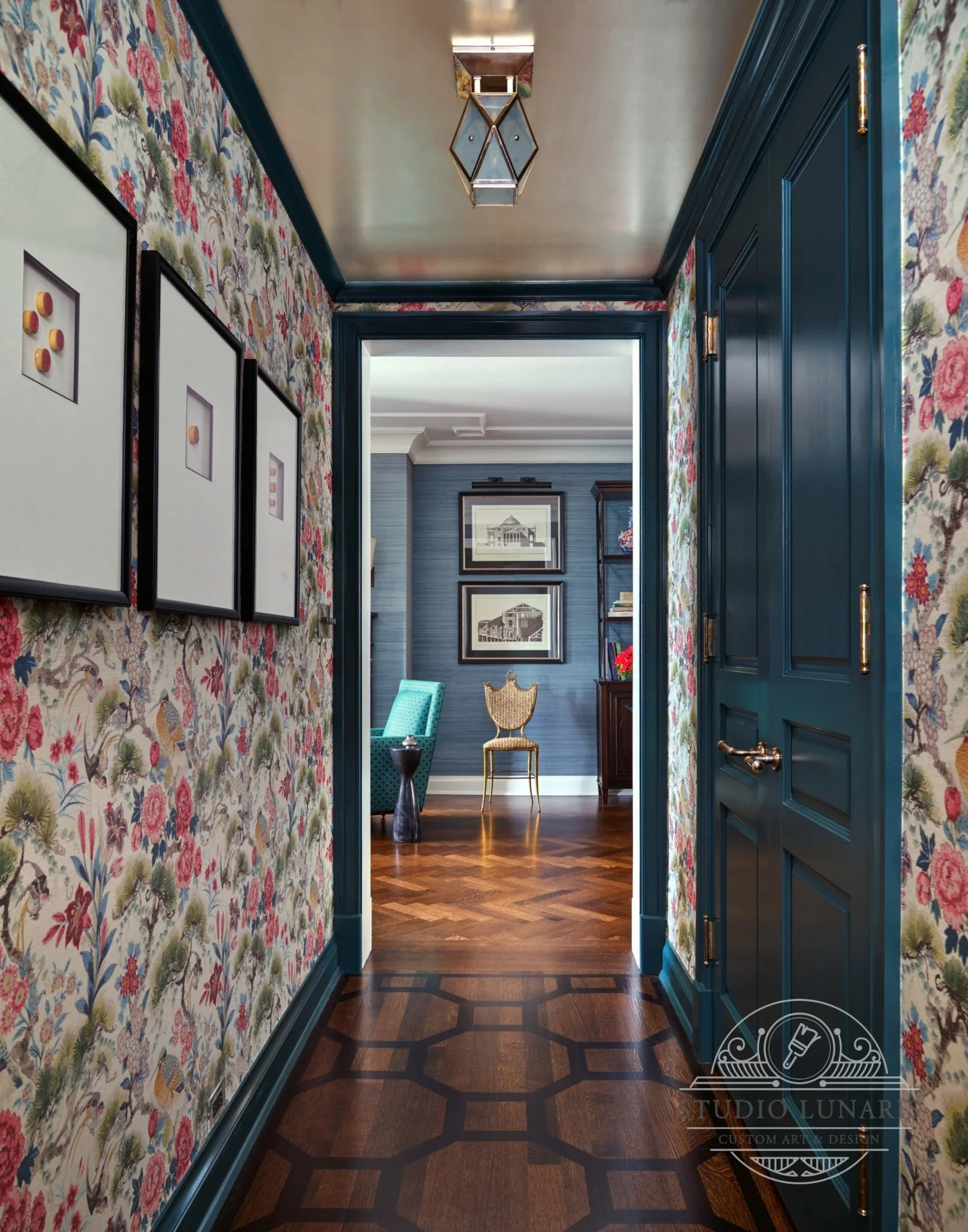 Entry hallway floor design with a painted faux inlay, with an octagonal darker wood pattern.