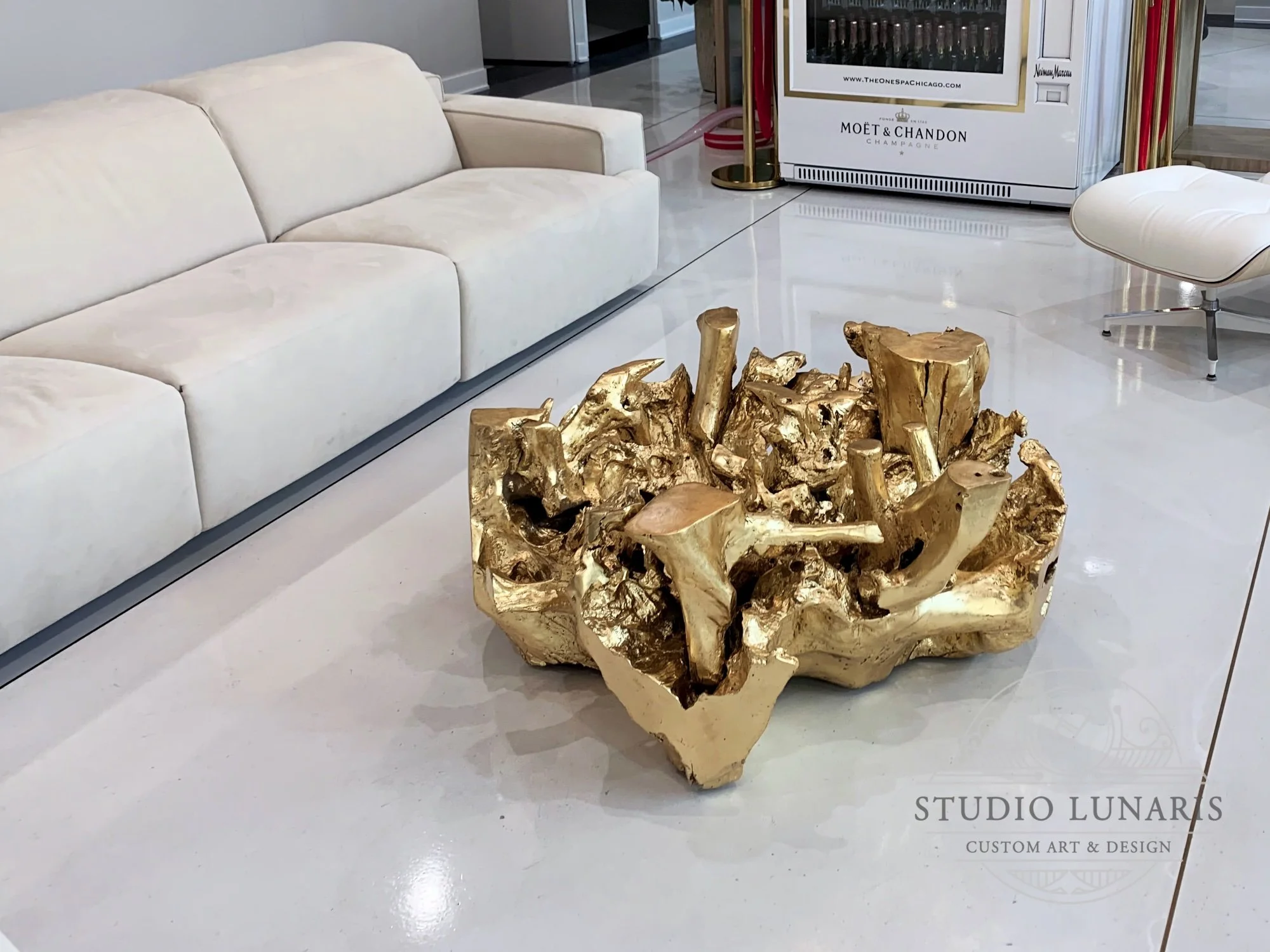 Original teak wood tree root with hand-applied gold leaf. Used as support for a glass table top (not pictured)