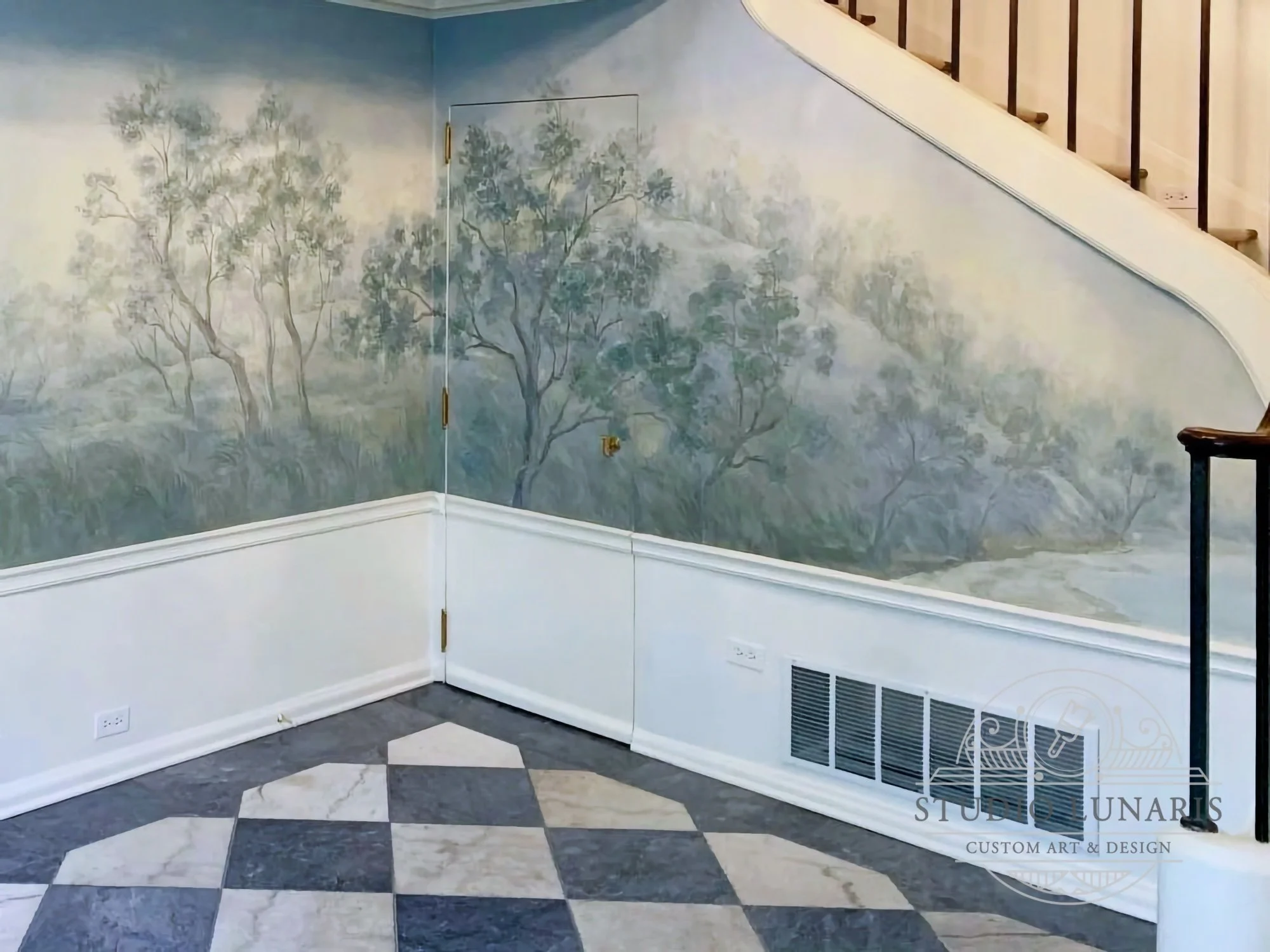 Entry foyer scenic mural with muted color palette and a coastal lake theme